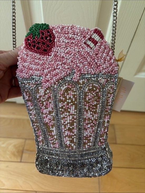 Handbags - Made in India Beaded Pink and Silver Strawberry Milkshake Crossbody Bag